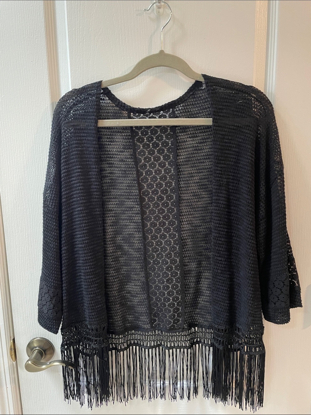 Women's Open-Front Black Crochet Fringe Shrug